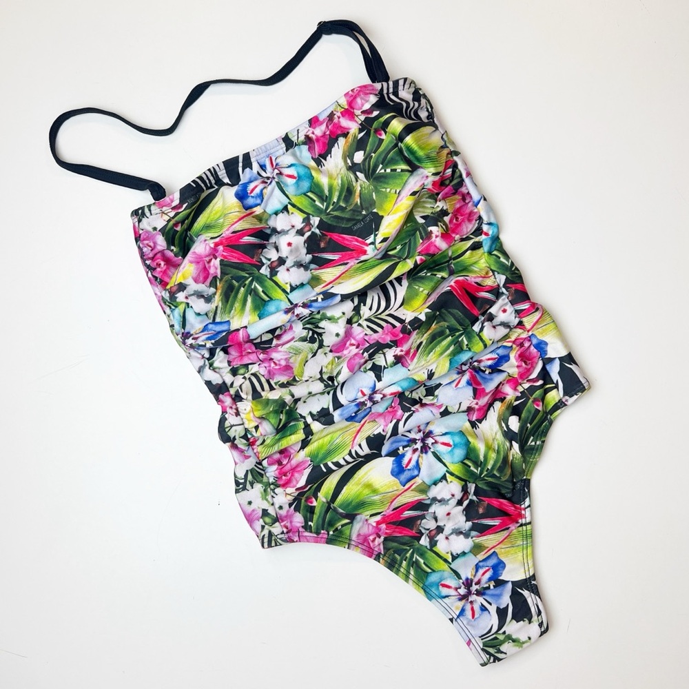 •DANIELA CORTE• Floral One‎ Piece Ruched Strapless Cheeky Swimsuit Size XS